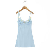 Blue Plaid Wire Bra Embroidery Mini Dress